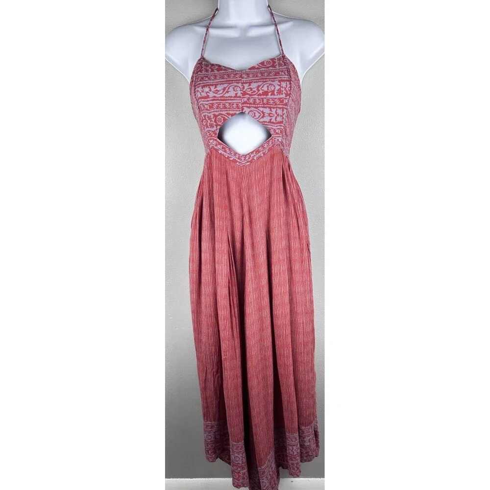 Free People Crystal Bay Wide Leg Jumpsuit Size L Coral Red Halter Smocked Boho